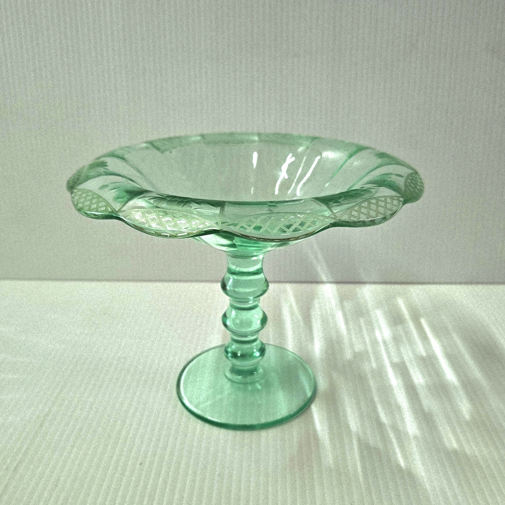 Vintage Elegant Depression Green Etched Glass Compote Rare Find